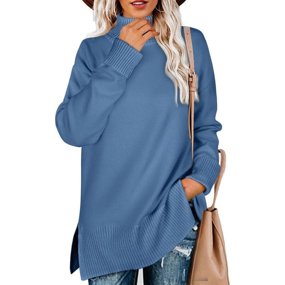 Women's Turtleneck Sweater Oversized Pullover Knit with Side Split